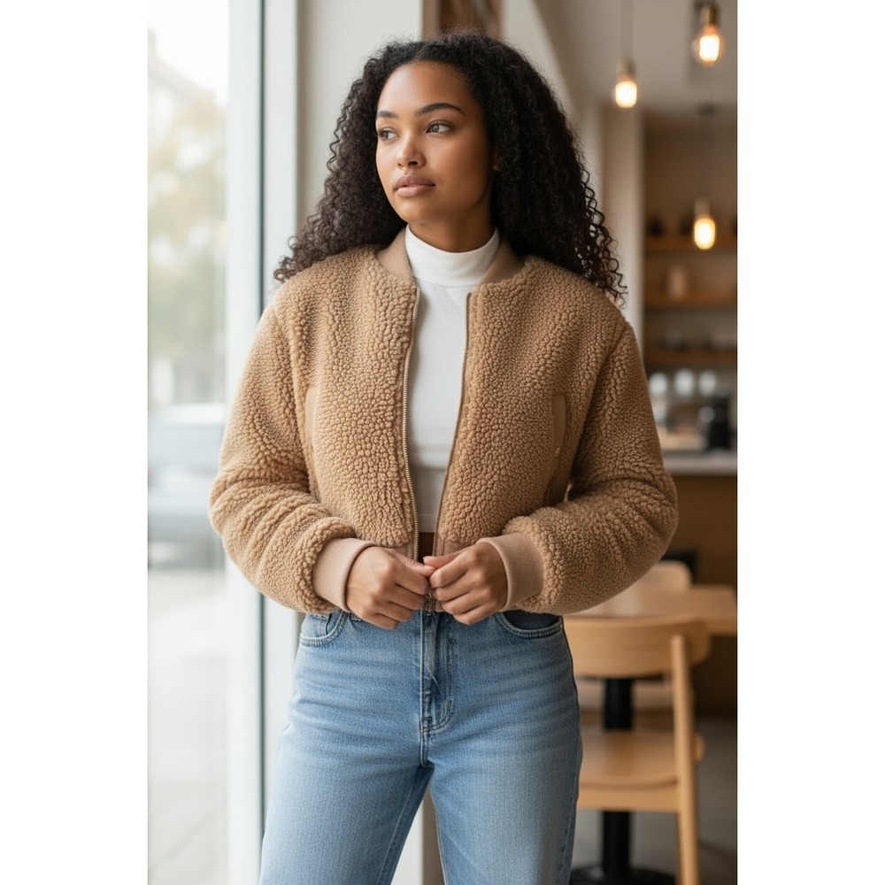 Naked Wardrobe Tan Teddy Bear Cropped Bomber Jacket Gold Zip Size M